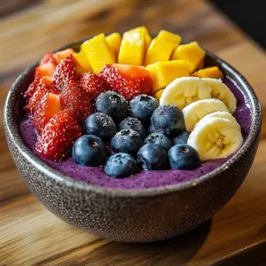 Colorful and healthy vibrant acai bowl topped with fruits and granola