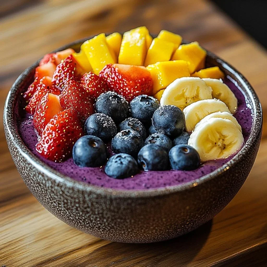 Colorful and healthy vibrant acai bowl topped with fruits and granola