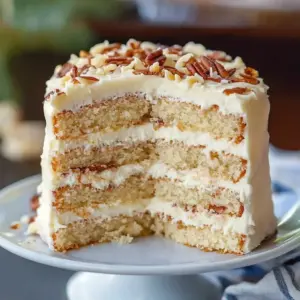 Slice of White German Chocolate Cake with coconut and pecan frosting