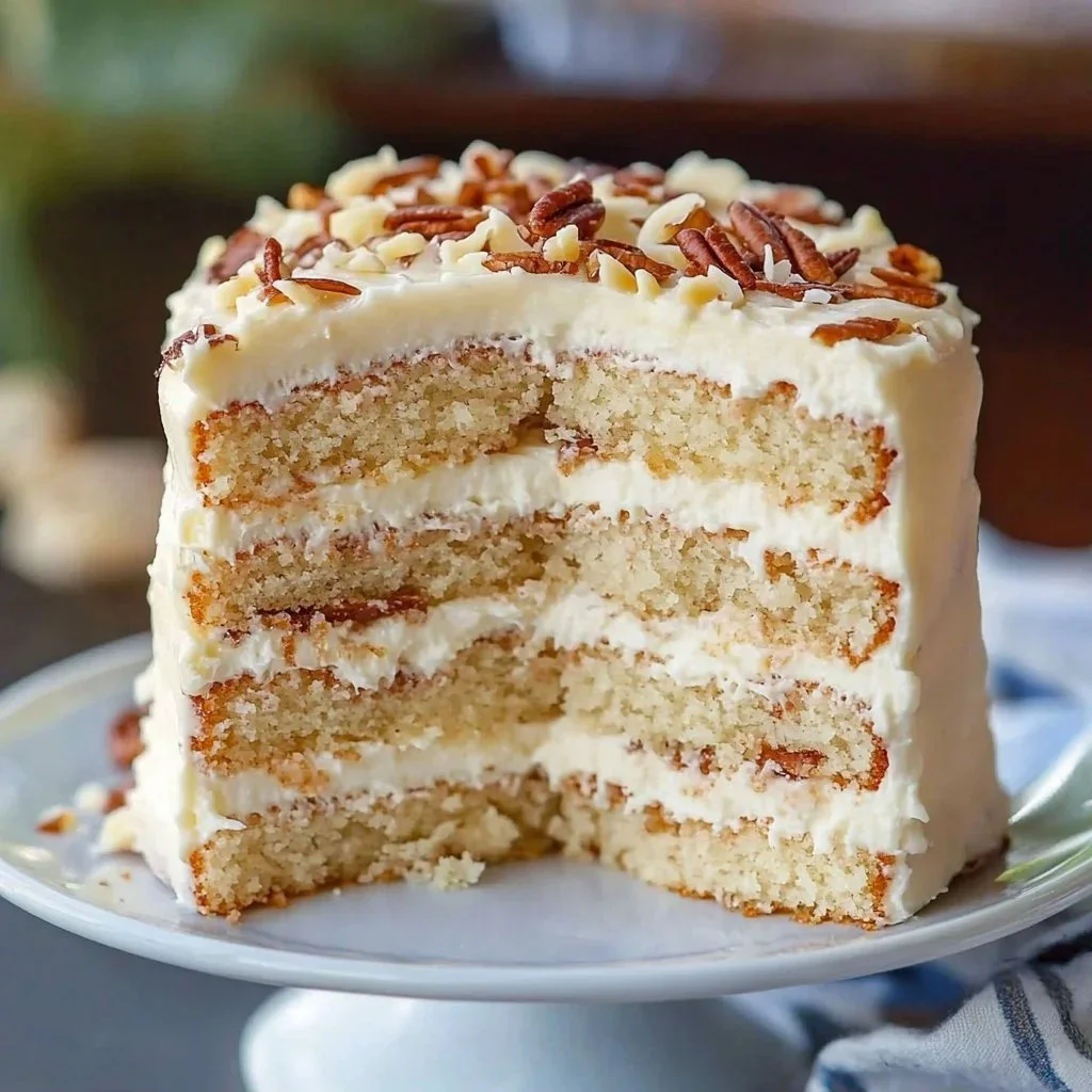 Slice of White German Chocolate Cake with coconut and pecan frosting