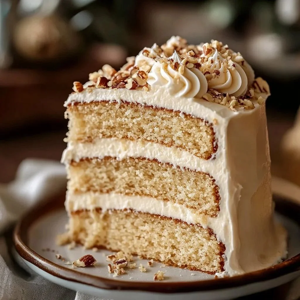 Slice of White German Chocolate Layer Cake with coconut and pecan frosting