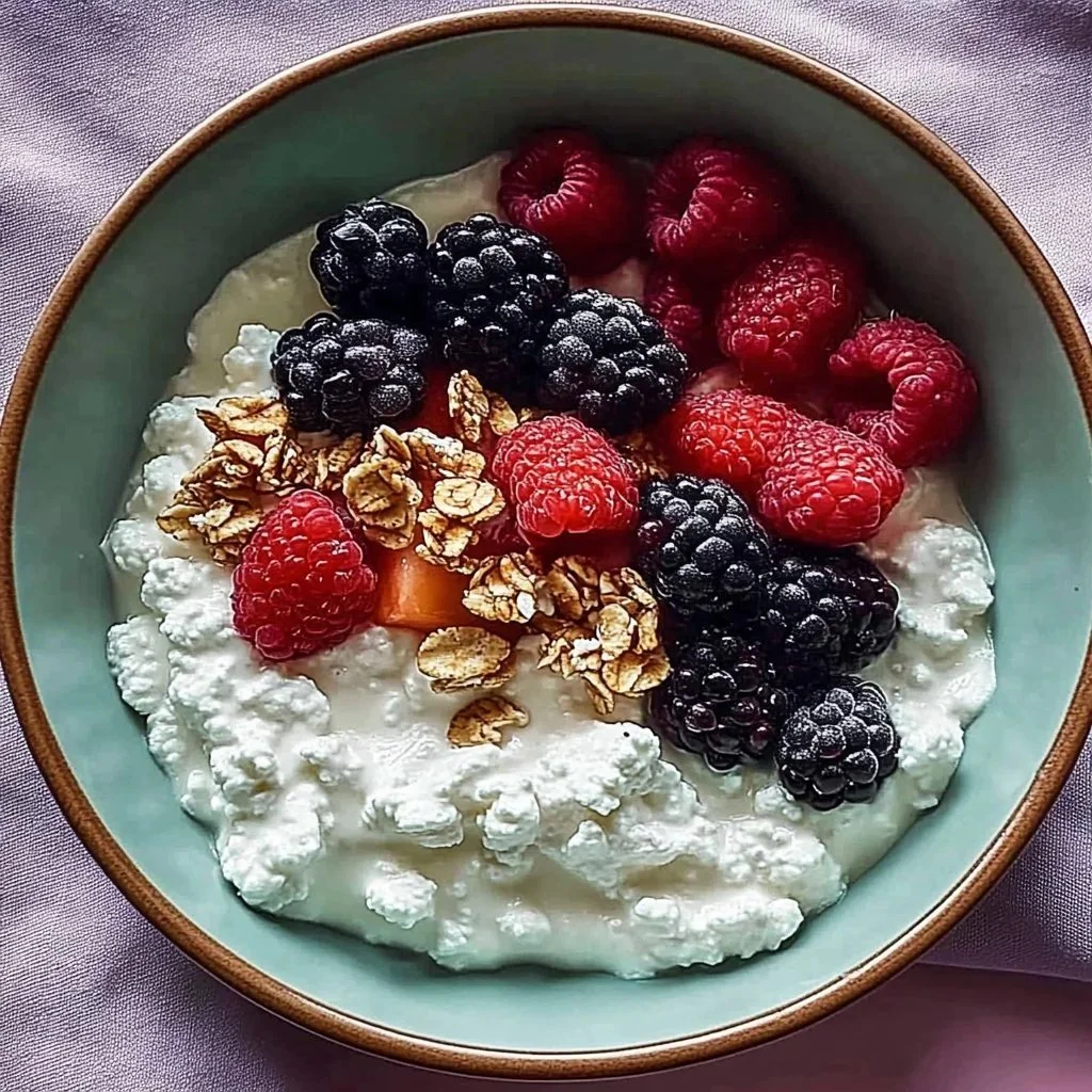 Wholesome cottage cheese fruit bowl with assorted fresh fruits