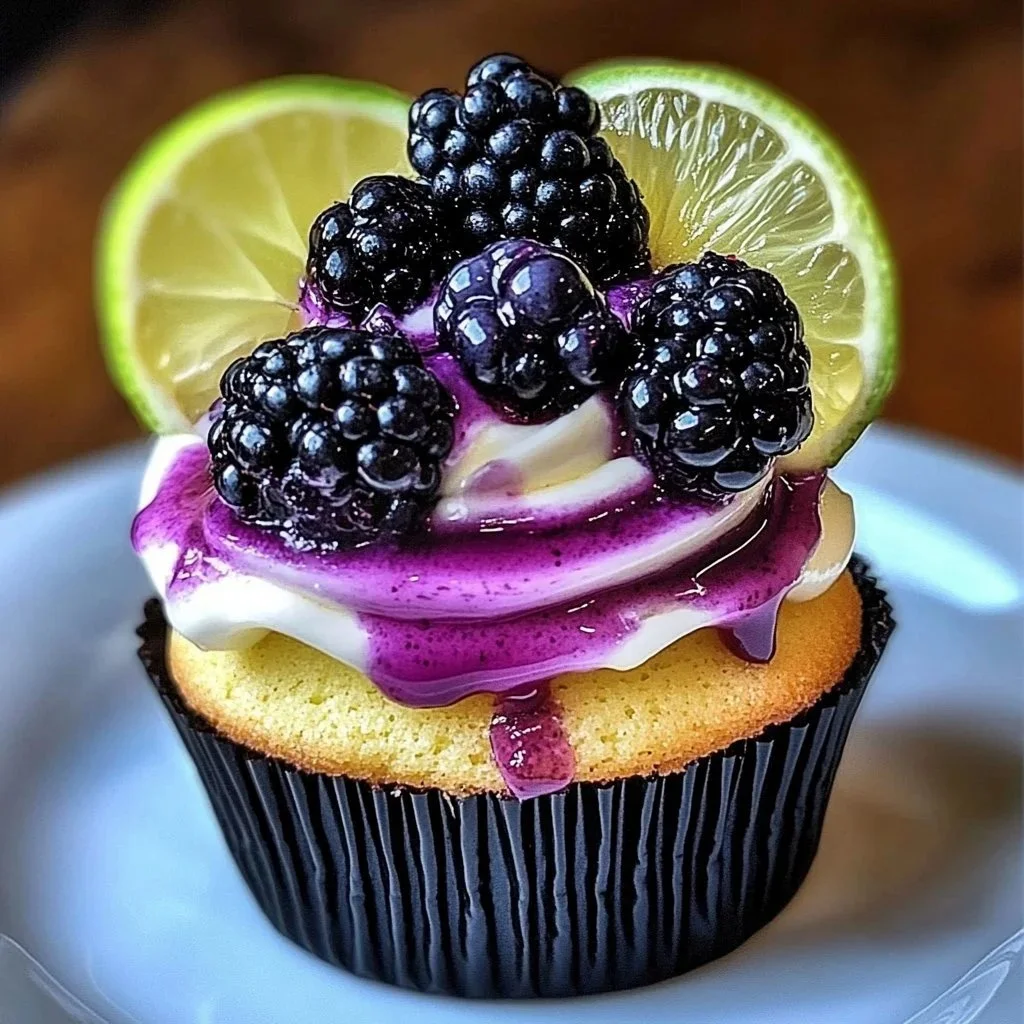 Zesty blackberry lime cheesecake cupcakes topped with fresh blackberries