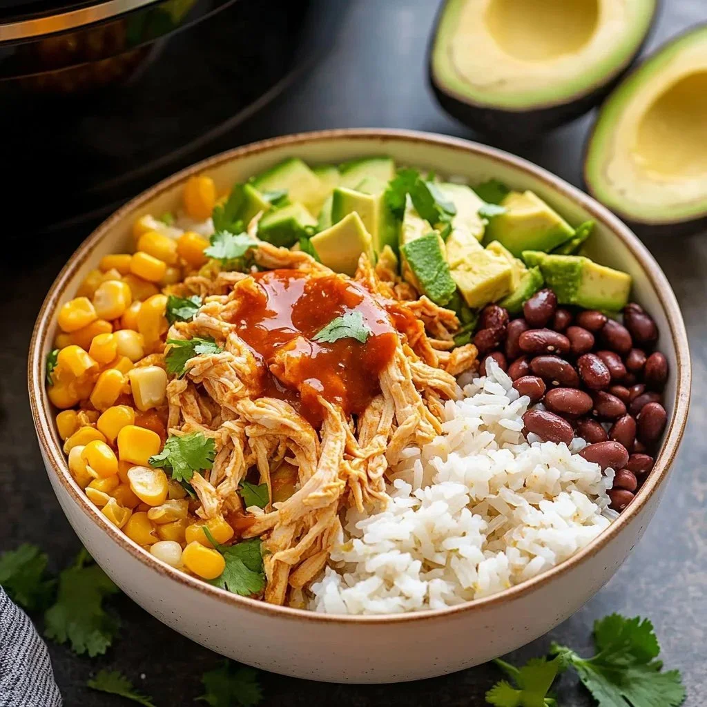 Delicious zesty chicken burrito bowl served with fresh toppings