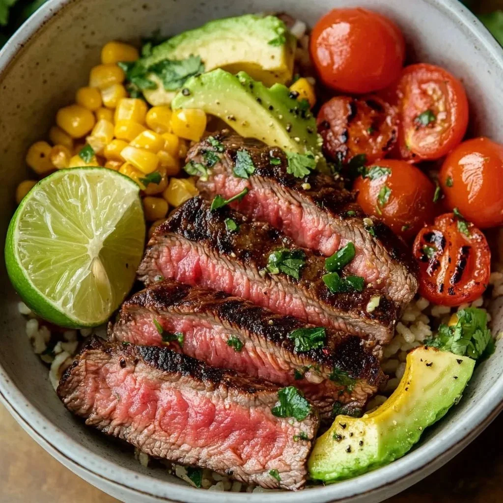 Zesty cilantro lime steak bowls with fresh vegetables and garnishes