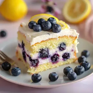 Zesty lemon blueberry sheet cake topped with fresh blueberries and lemon zest