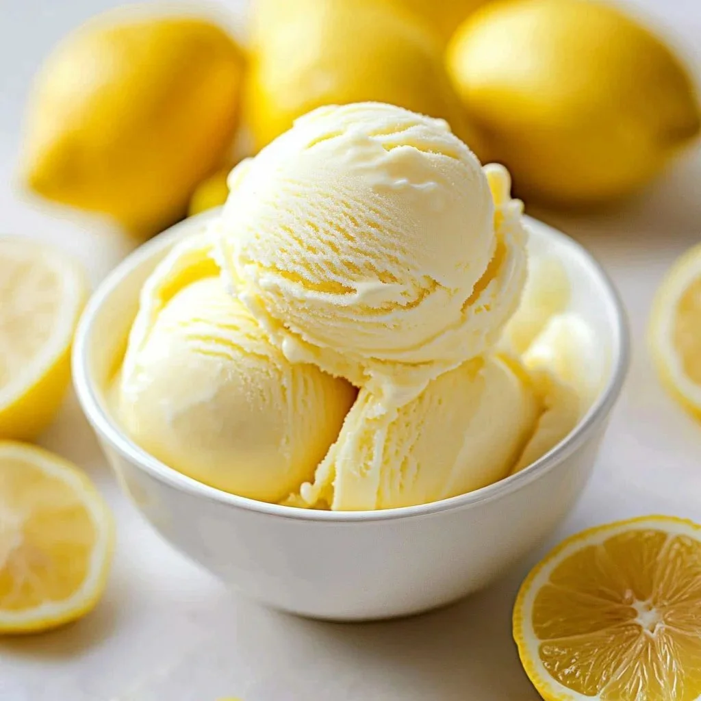 Delicious zesty lemon frozen yogurt served in a bowl with a slice of lemon