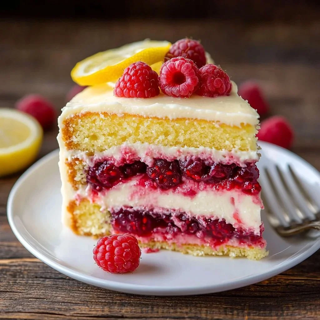 Zesty Lemon Raspberry Cake with vibrant lemon and raspberry layers