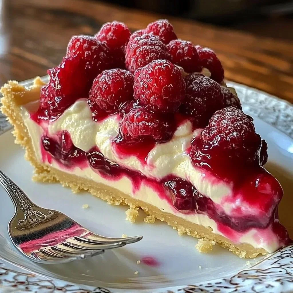 Zesty lemon raspberry layered pie on a serving plate