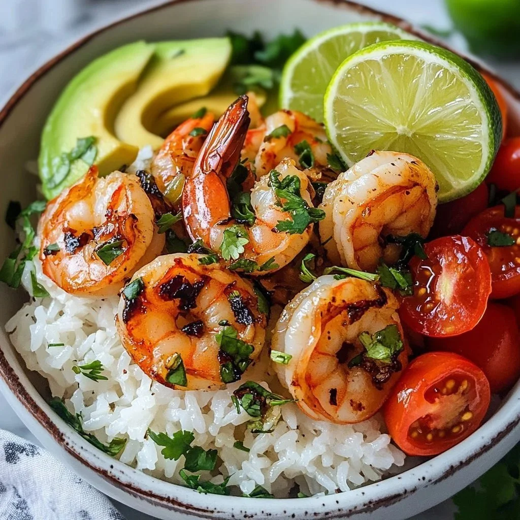 Zesty shrimp avocado rice bowls topped with fresh ingredients and spices.